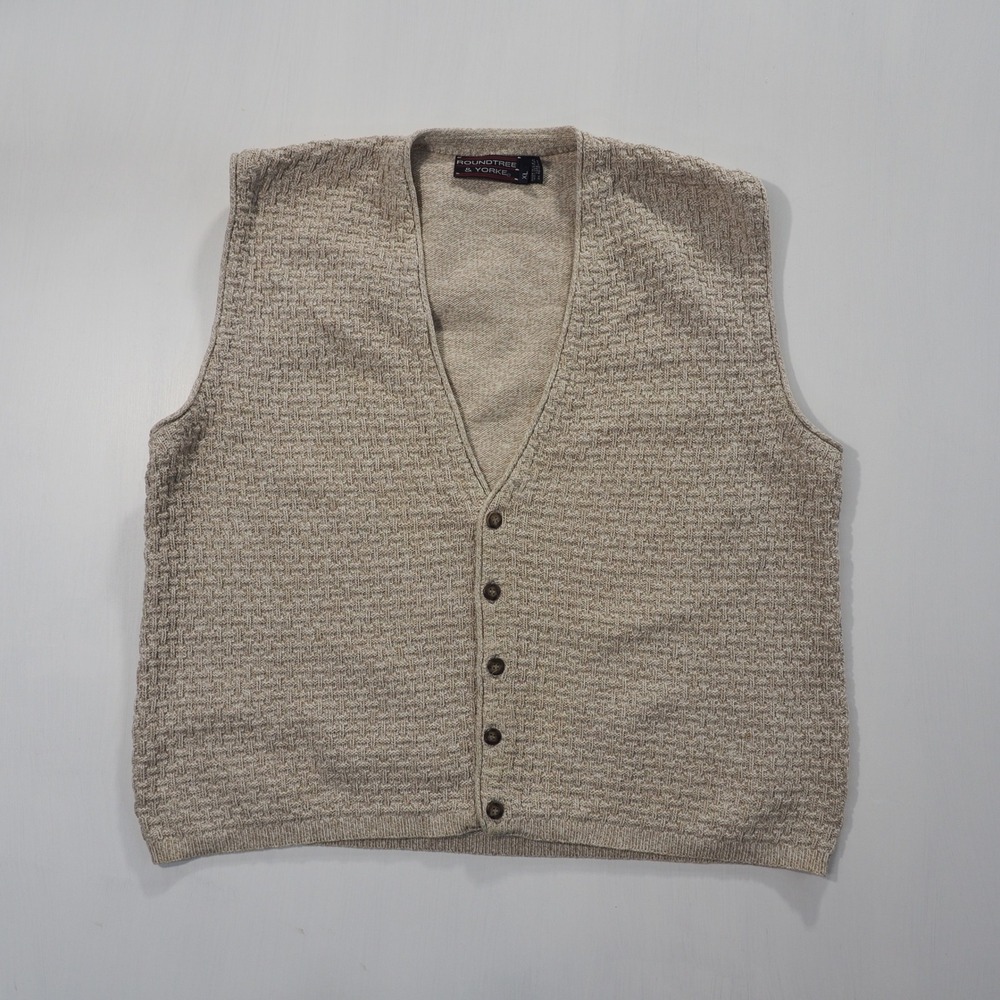 VTG Roundtree Yorke Sweater Vest Mens Extra Large Tan Textured Knit Cotton USA